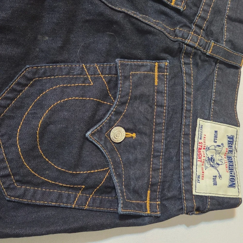 True Religion Straight Leg Jeans Mens 32 Dark Wash Indigo Horseshoe Flap Pocket